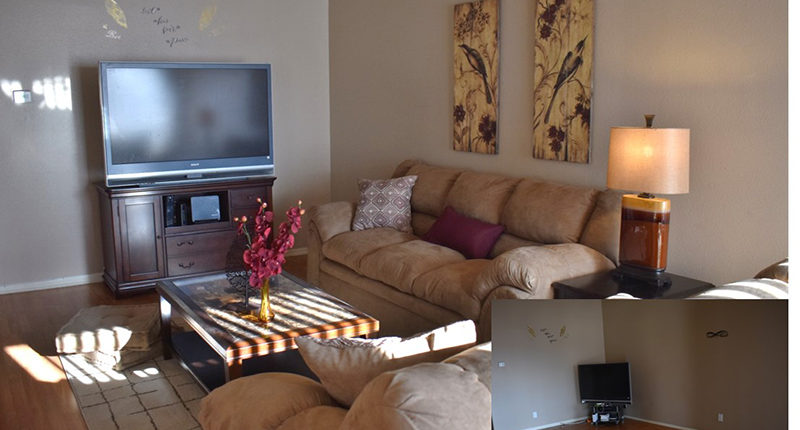 Before and after of Lucinda's newly furnished apartment living room